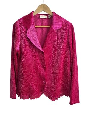 Chico’s 2 (Large) Fuschia Pink Blazer Jacket Crinkle Ruffle Boho